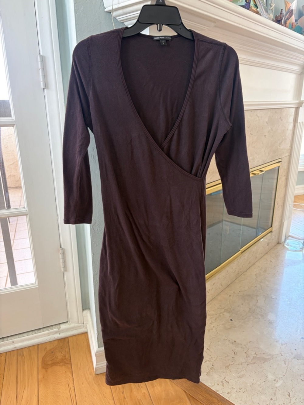 James Perse Brown Wrap-Style Long Sleeve Midi Dress